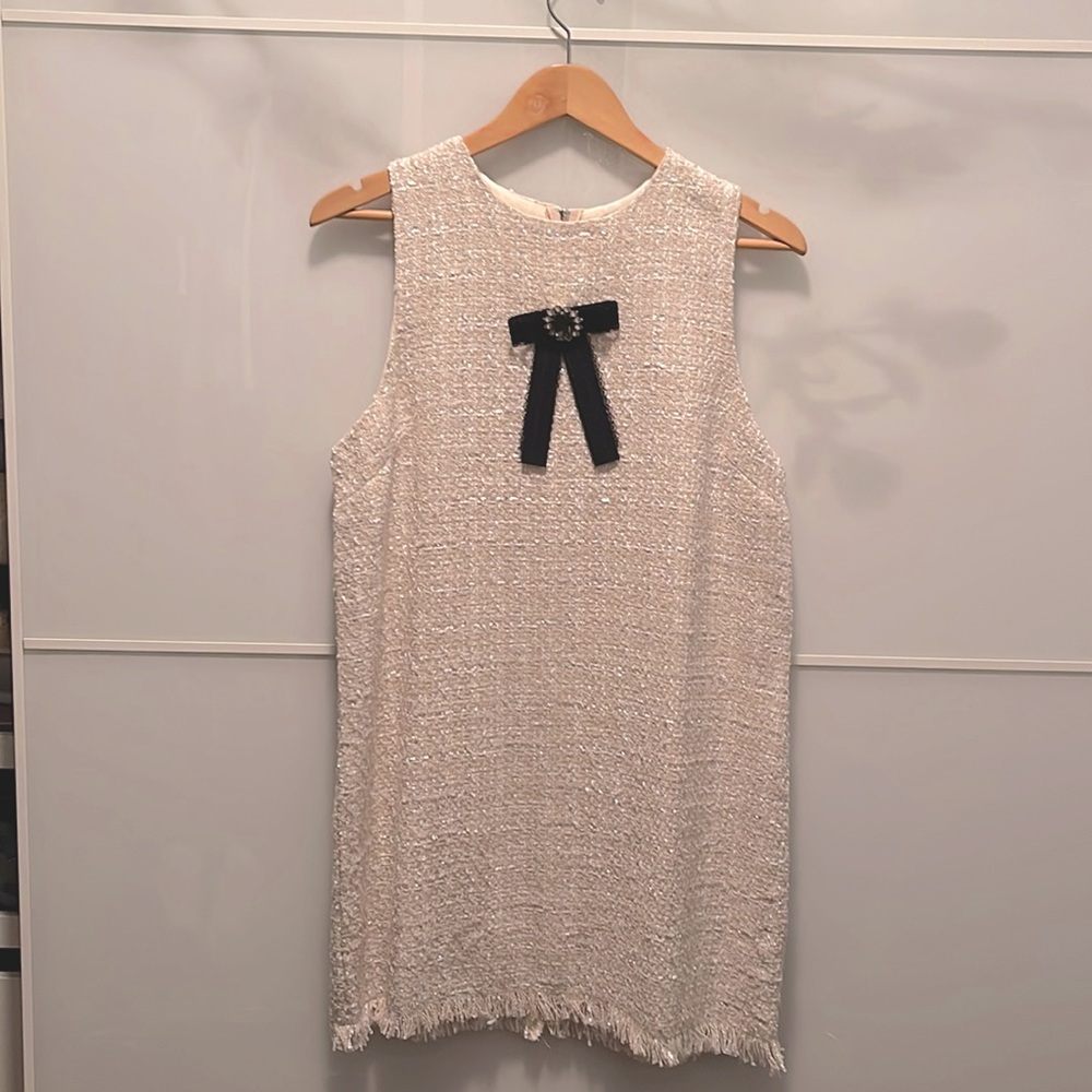 Chnel inspired dress. Cream w/ silver thread subtly woven through dress.